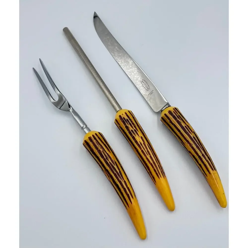 Vintage E. Parker & Sons Sheffield Faux Antler Bakelite 3pc Carving Knife Set